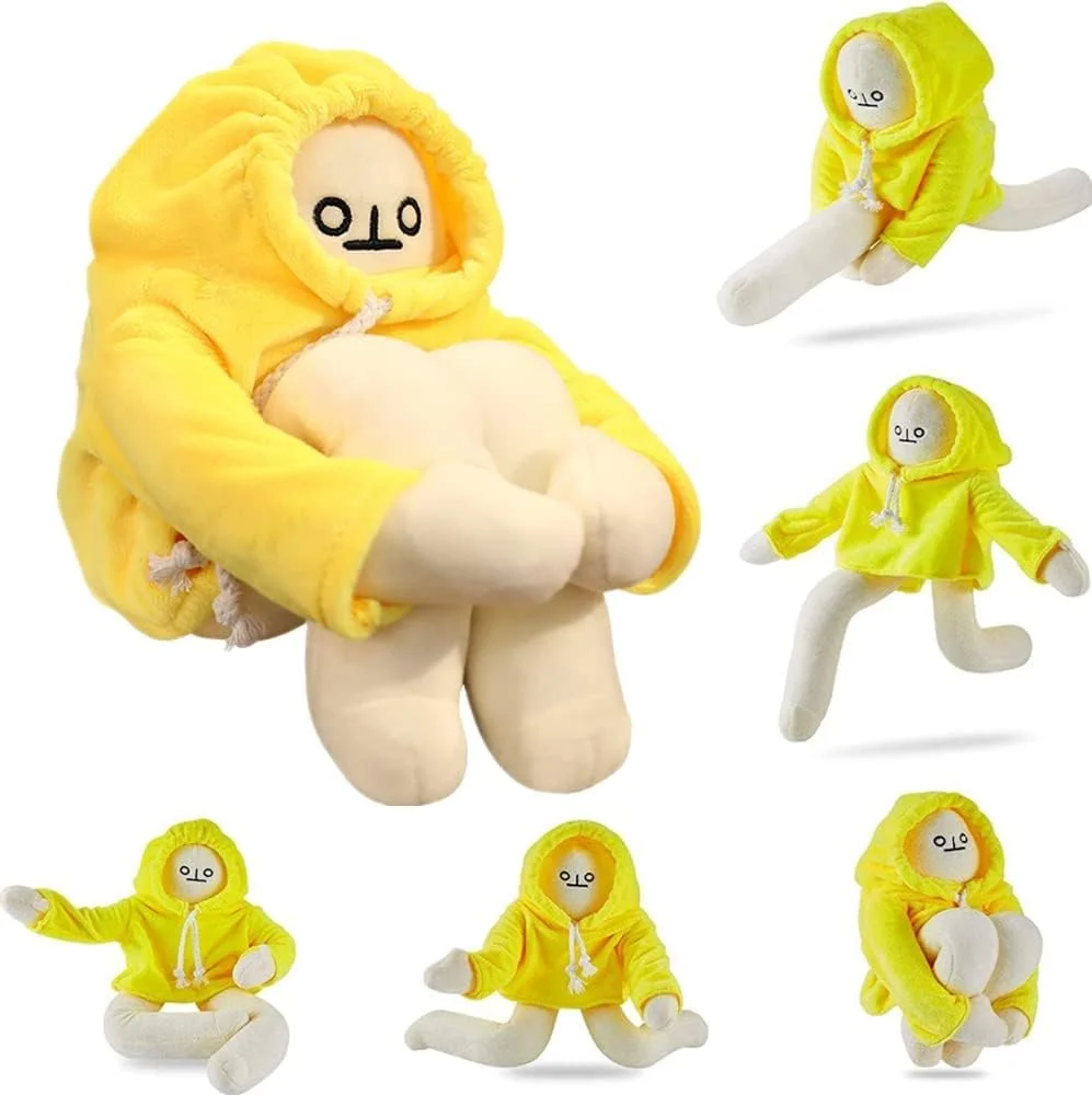 Yellow plush banana doll with humanoid face and proportions, poseable fabric arms and legs