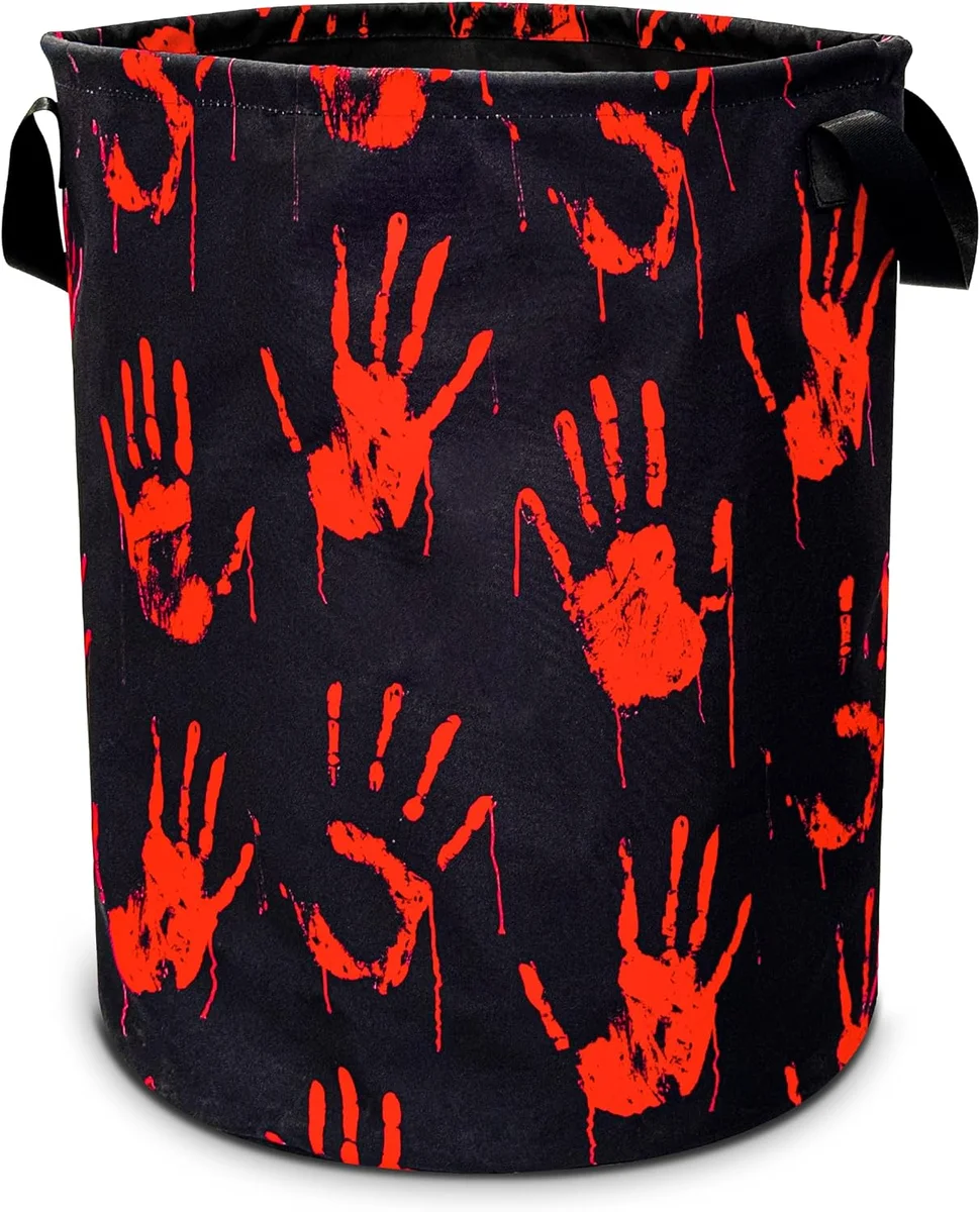 Foldable laundry basket with blood spatter and handprint print design