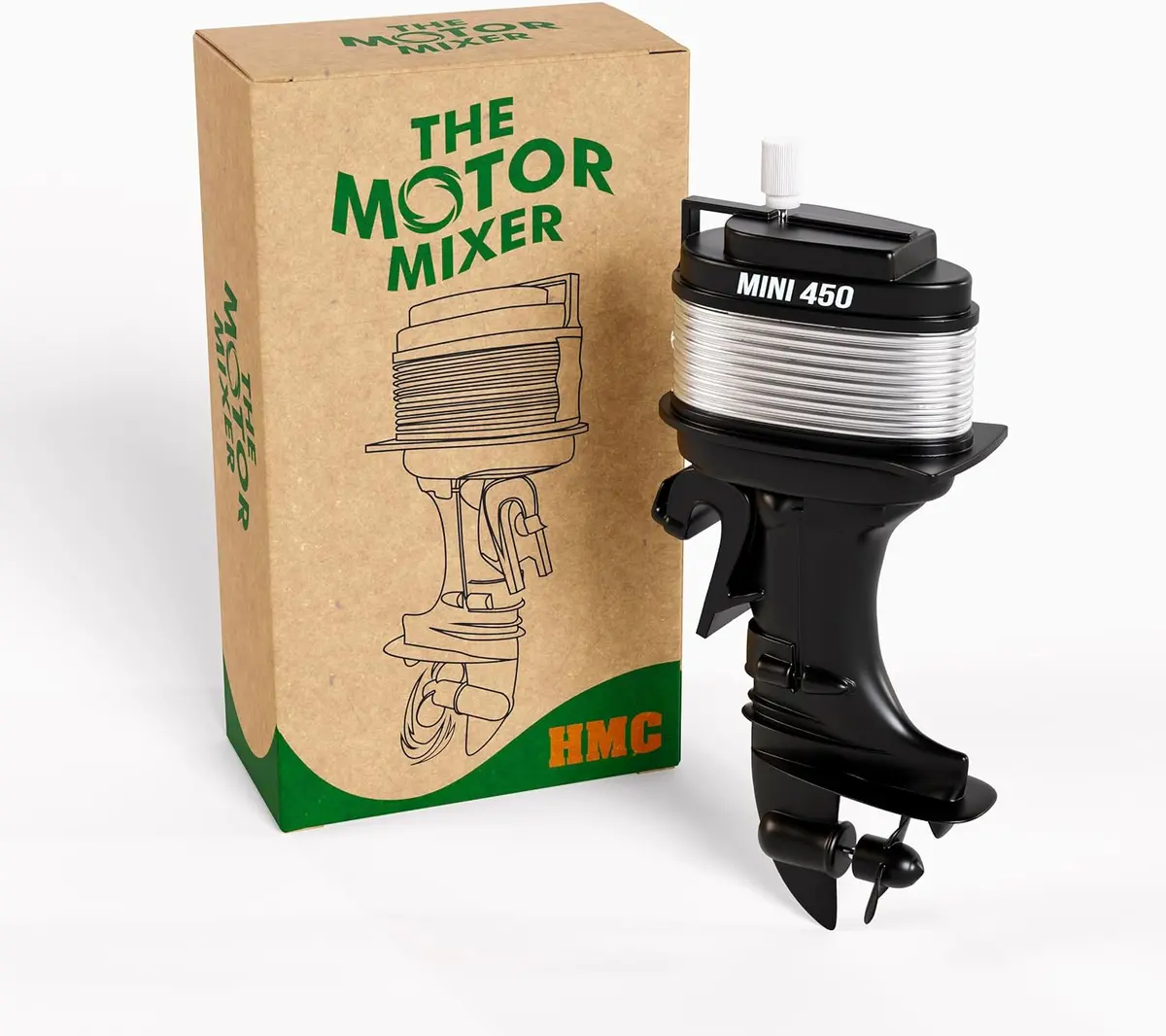 Novelty coffee mixer shaped like a miniature boat motor