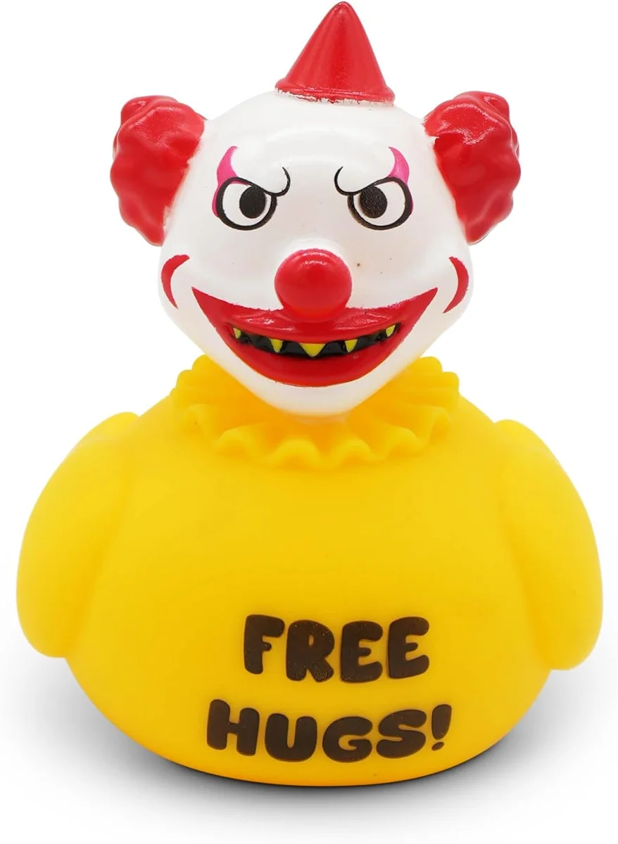 Creepy clown rubber duck with 'Free Hugs' text