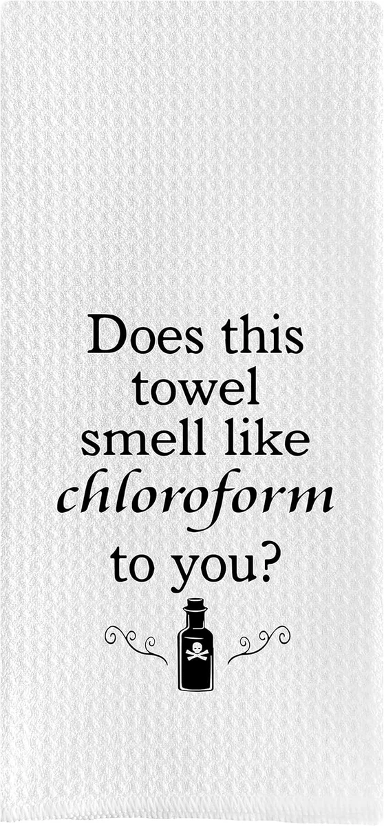 Waffle-weave bathroom hand towel with dark humor printed text