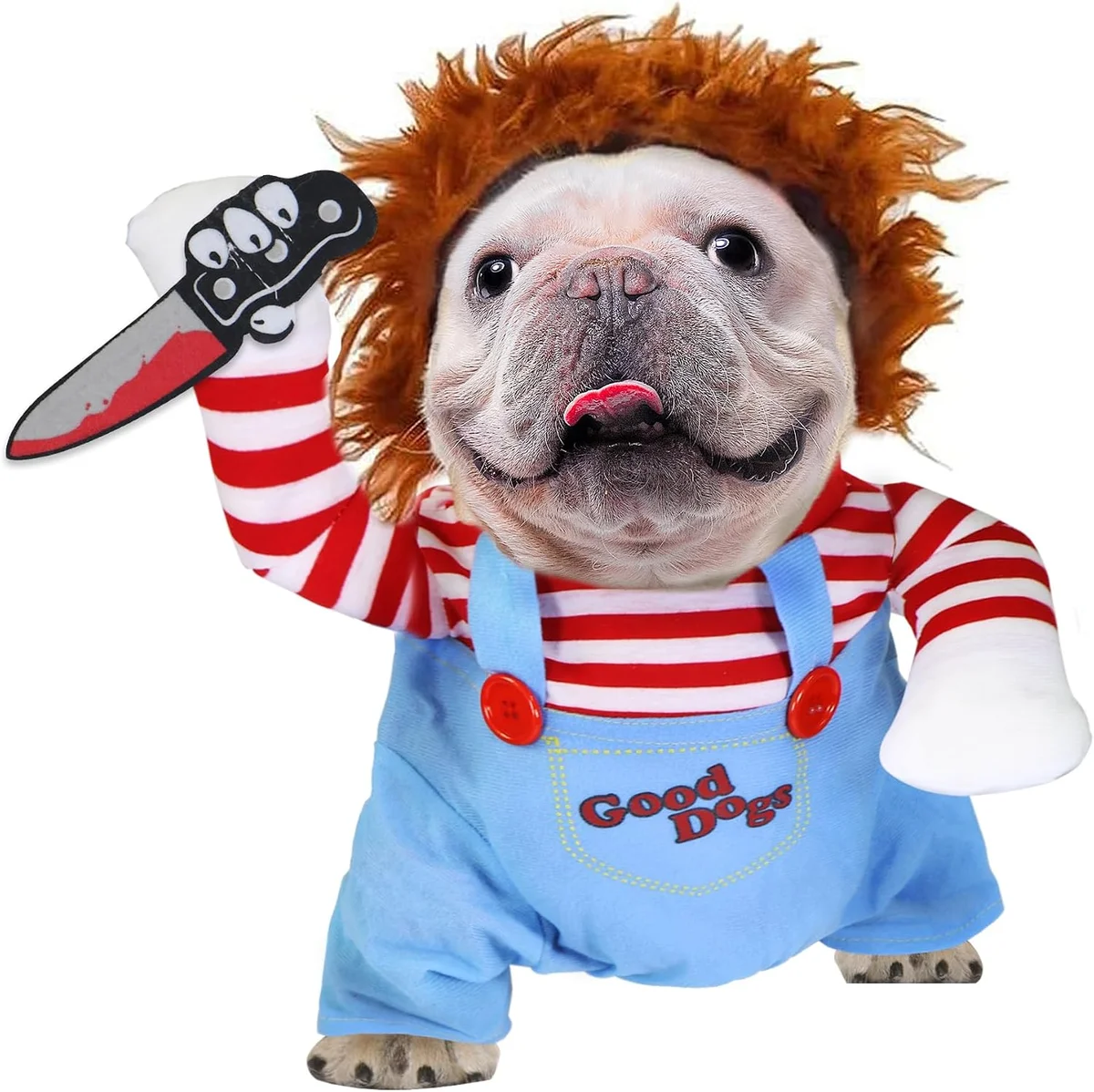 Dog wearing a creepy porcelain doll Halloween costume
