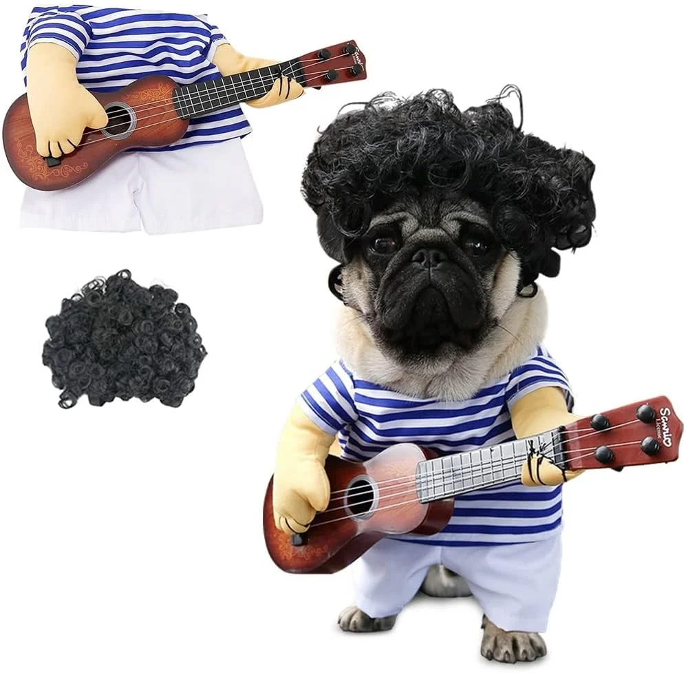 Dog wearing a guitar costume outfit