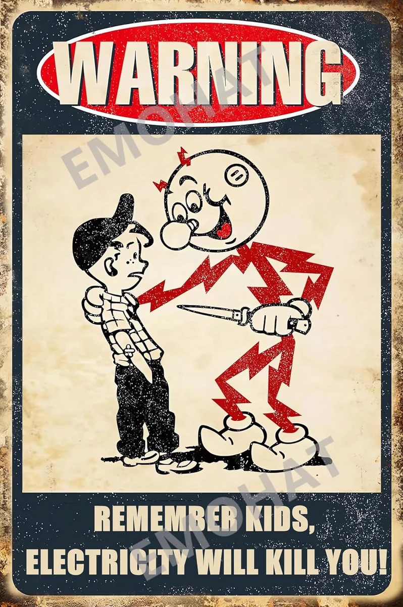 EMOHAT vintage-style rectangular metal tin sign, 8 by 12 inches, printed with the yellow and black warning slogan Remember Kids Electricity Will Kill You in a distressed retro caution-poster style, intended as wall decor for a home, garage, restaurant, or outdoor space
