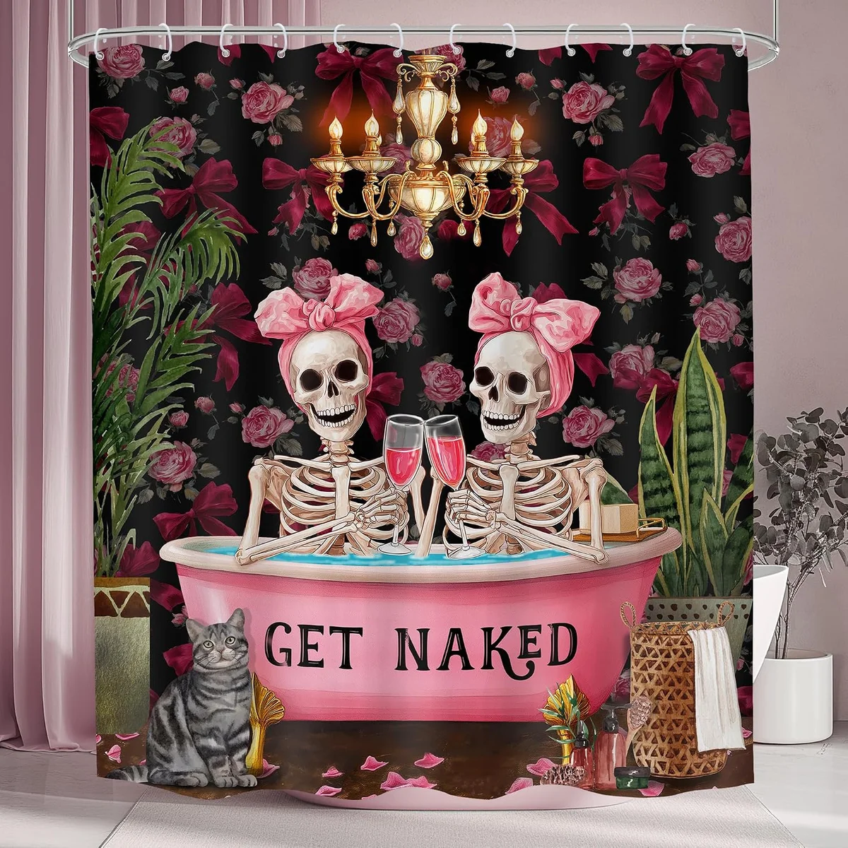 Waterproof polyester bathroom shower curtain, 60 inches wide by 72 inches long, printed edge-to-edge with a dense vintage gothic collage of human skulls, skeleton hands, roses, and translucent bubble shapes in muted romantic-goth colors, sold as a set with free plastic hooks