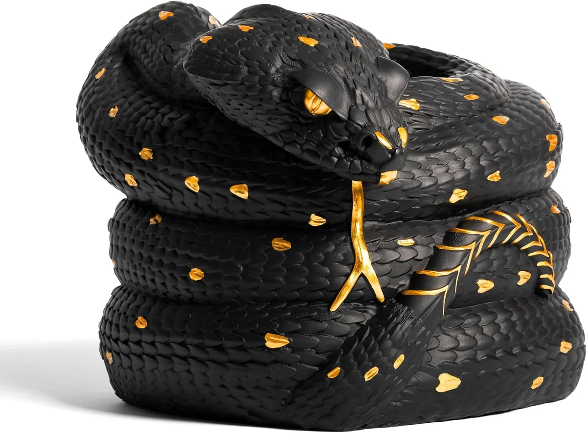 Black gothic cast-resin snake sculpture coiled around a removable 20-ounce metal cup, sized 8.5 by 7 by 7 inches, shown holding a wine bottle and doubling as a vase, pen cup, or square tissue box cover