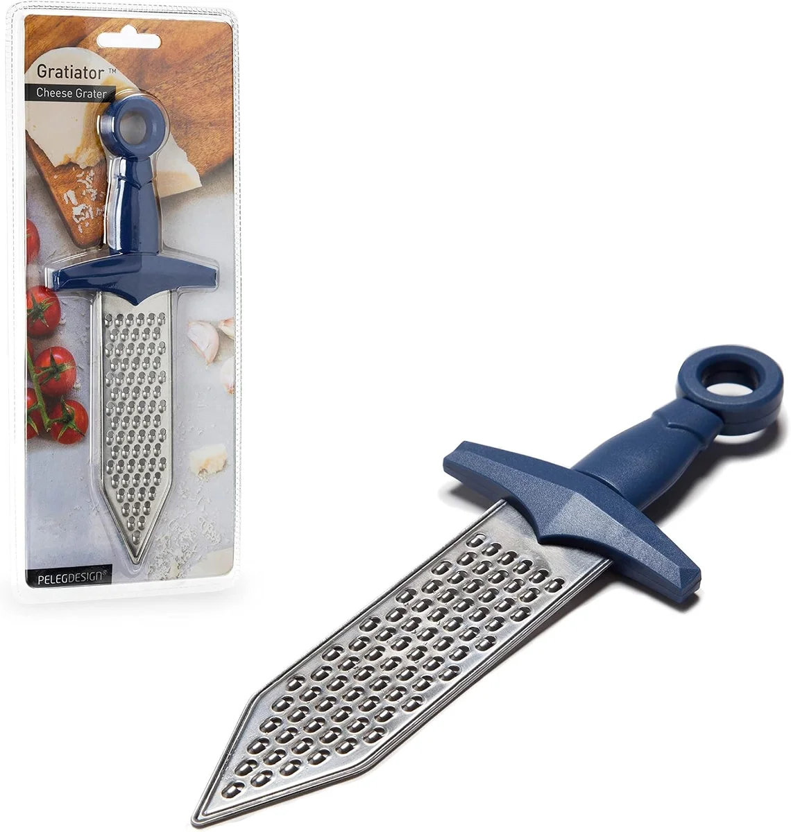 Peleg Design Gratiator handheld cheese grater shaped like a full-length rust-proof metal gladiator sword with a sculpted hilt handle, designed for grating cheese, chocolate, and spices as a novelty kitchen gadget