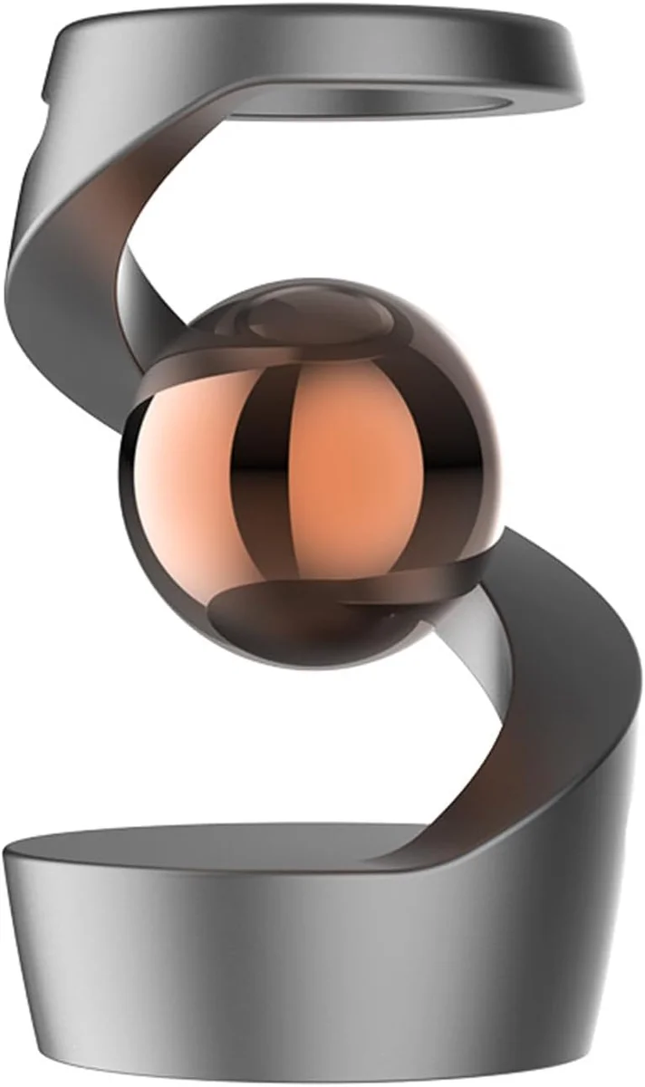 Aluminum alloy kinetic desk gyroscope with a rose-gold ball spinning above the base