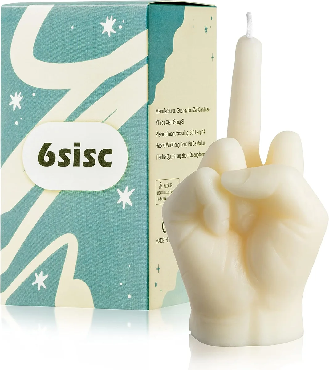Milky white soy wax candle sculpted in the shape of a human hand raising its middle finger, sitting upright as a small desk sculpture, marketed as a pine-scented aromatherapy candle and novelty room decor piece