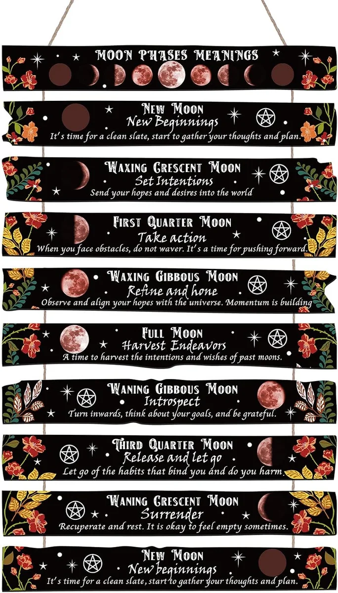 Wooden wall plaque displaying eight moon phases in colorful wizard and witchy celestial design