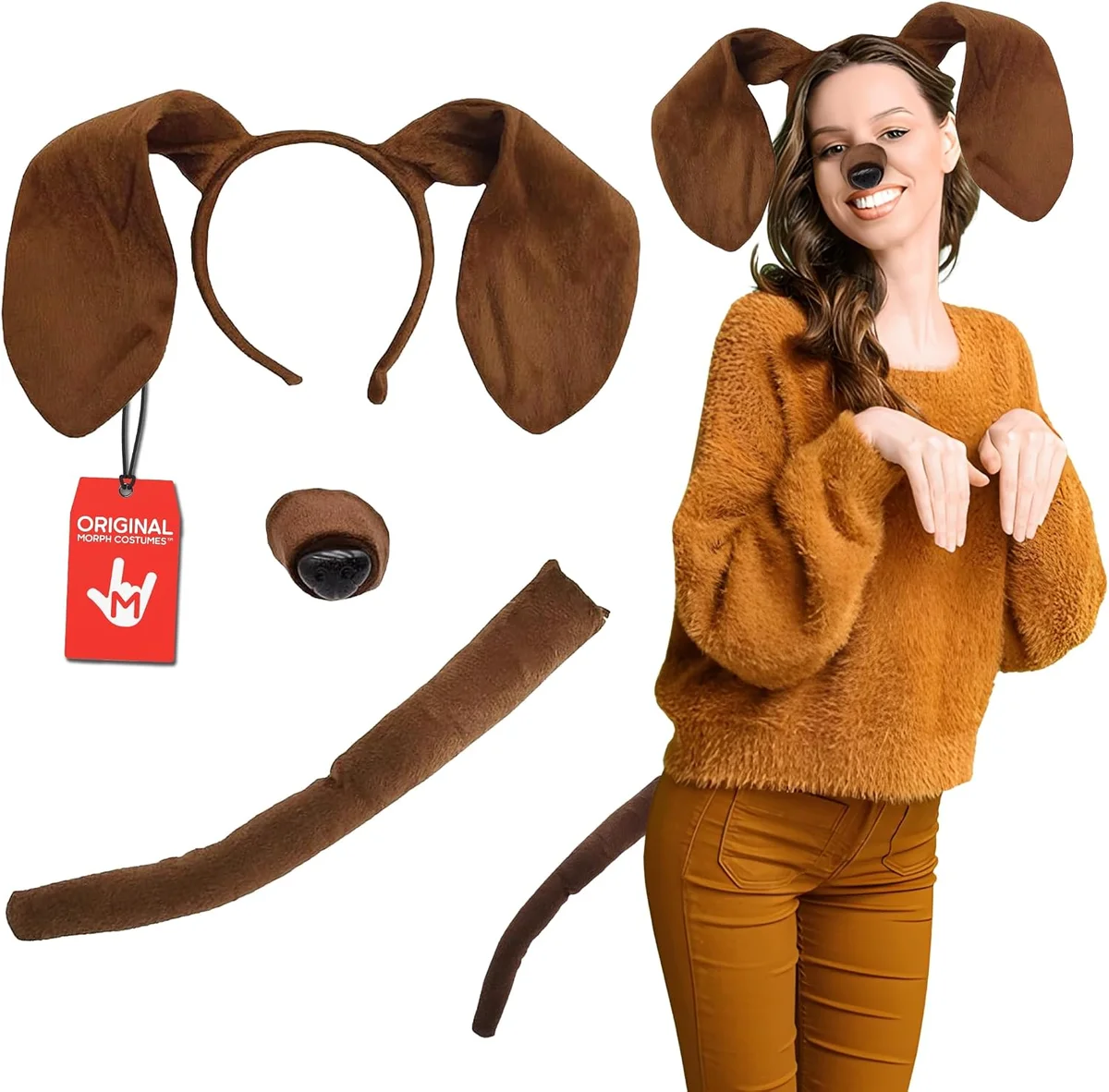 Costume accessory set featuring a headband with floppy brown-and-white dog ears, a black rubber puppy nose with elastic strap, and a matching clip-on brown-and-white dog tail, sold as a unisex adult puppy costume kit