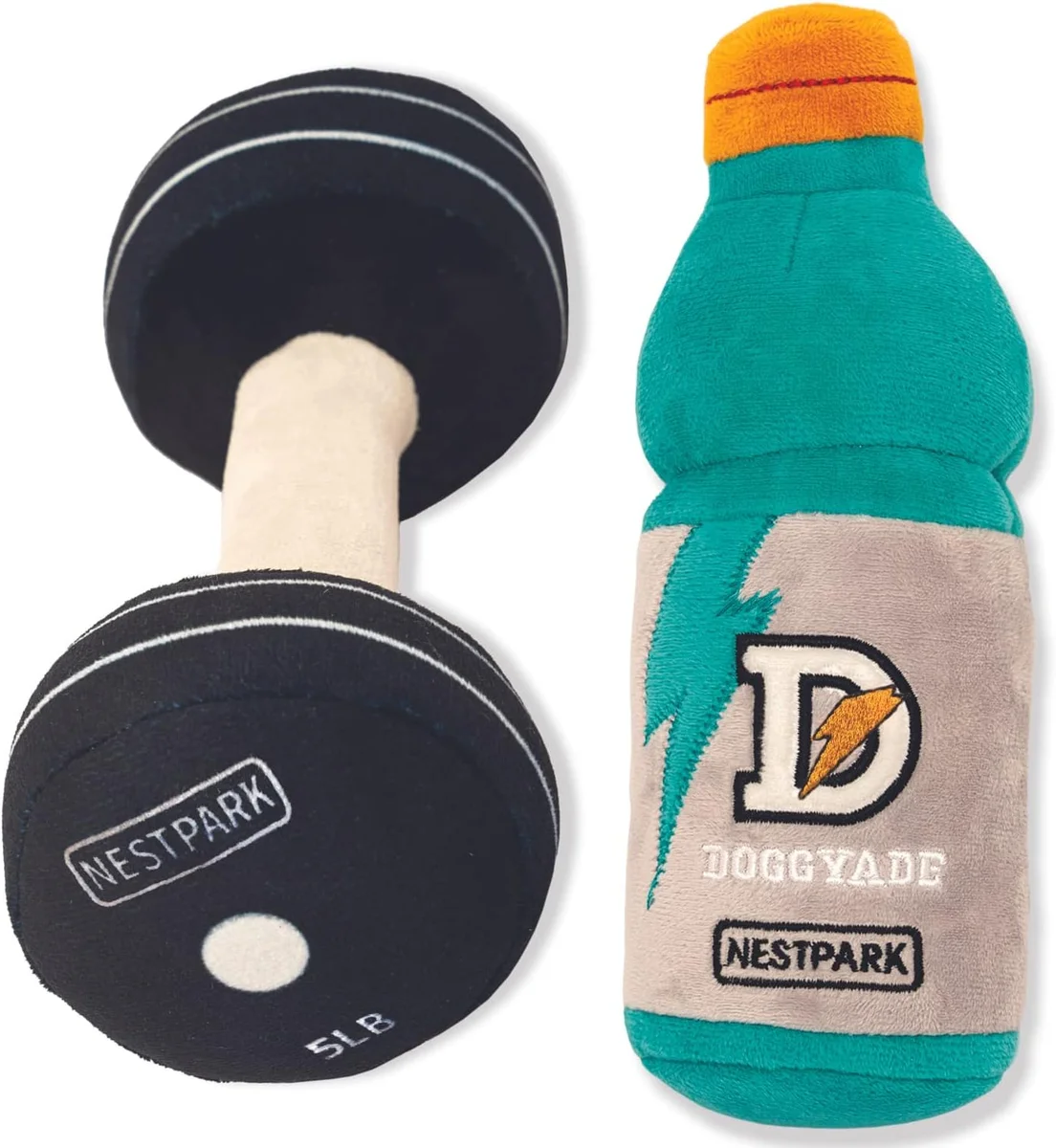 Set of two parody fitness dog toys: one shaped like a Gatorade bottle, one like a dumbbell