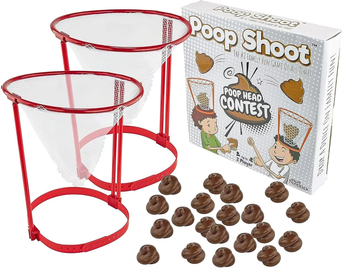 Poop emoji head hoop game with foam toss rings