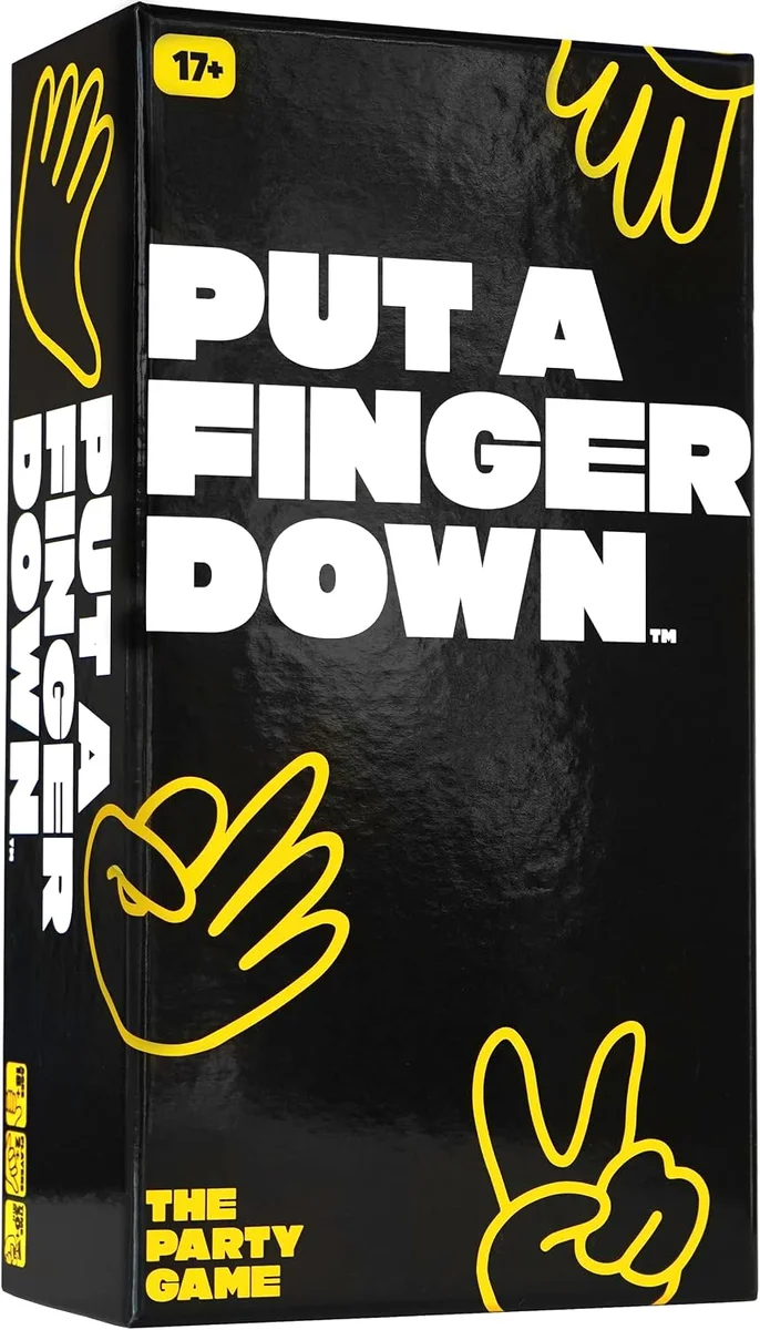 Put A Finger Down party card game box and cards, a group party game where players start with ten fingers raised and fold one down each time a prompt on a drawn card applies to them, designed as a conversation-starter and group activity for ages fourteen and up