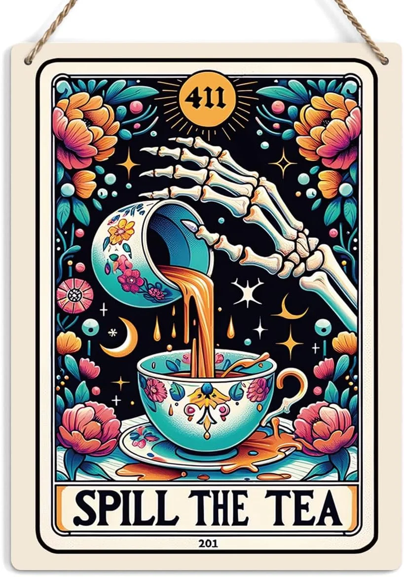 Wooden wall sign with sarcastic skeleton and tarot card design