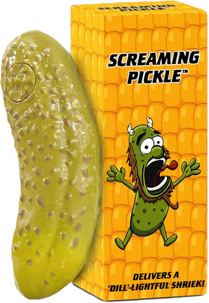 Screaming pickle prank toy that makes goat sounds