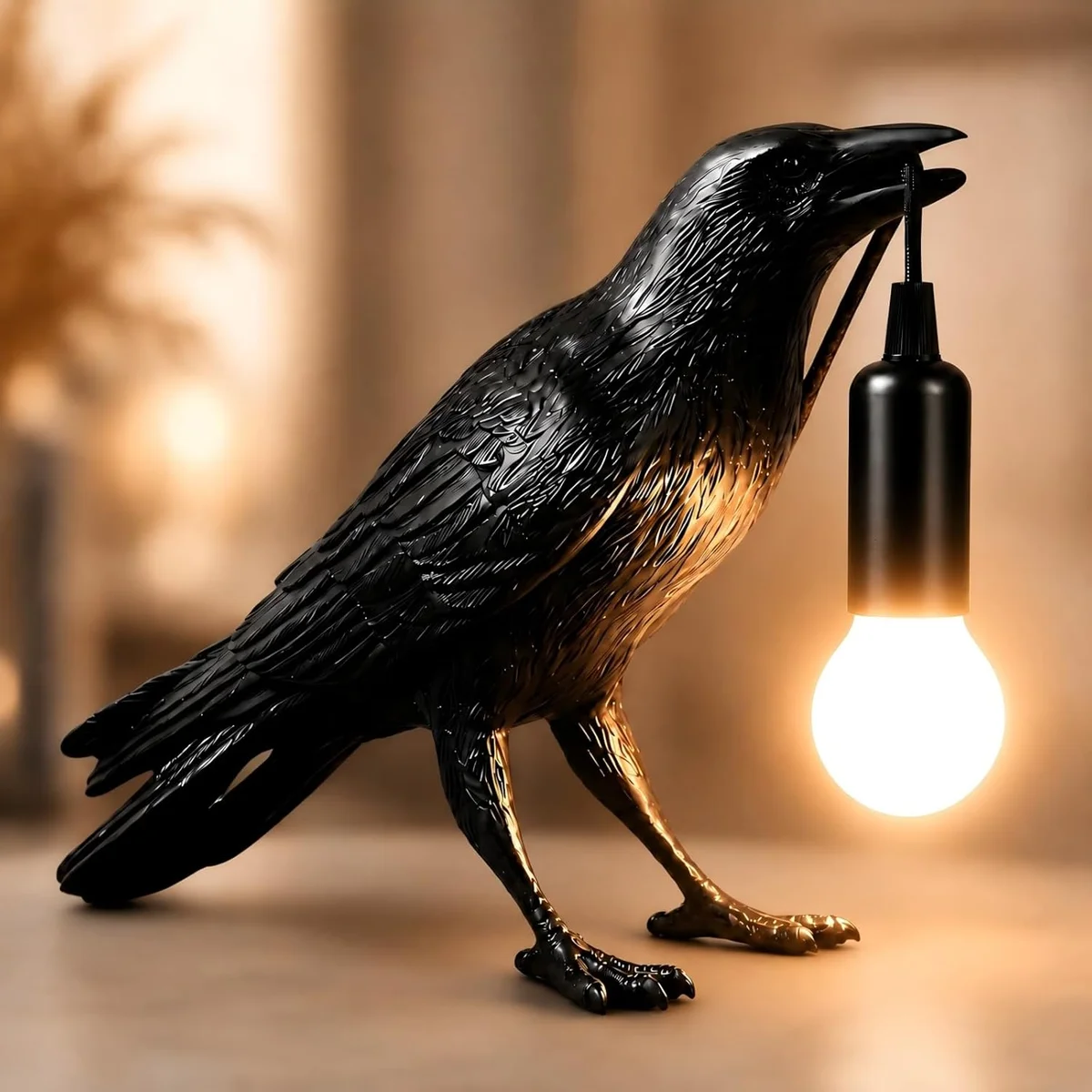Black raven-shaped table lamp with LED bulb and gothic styling