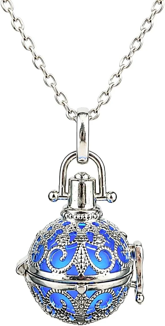 Steampunk-style pendant necklace with an ornate antique brass cage enclosing a round glass orb that emits a bright blue glow, hung on a matching chain