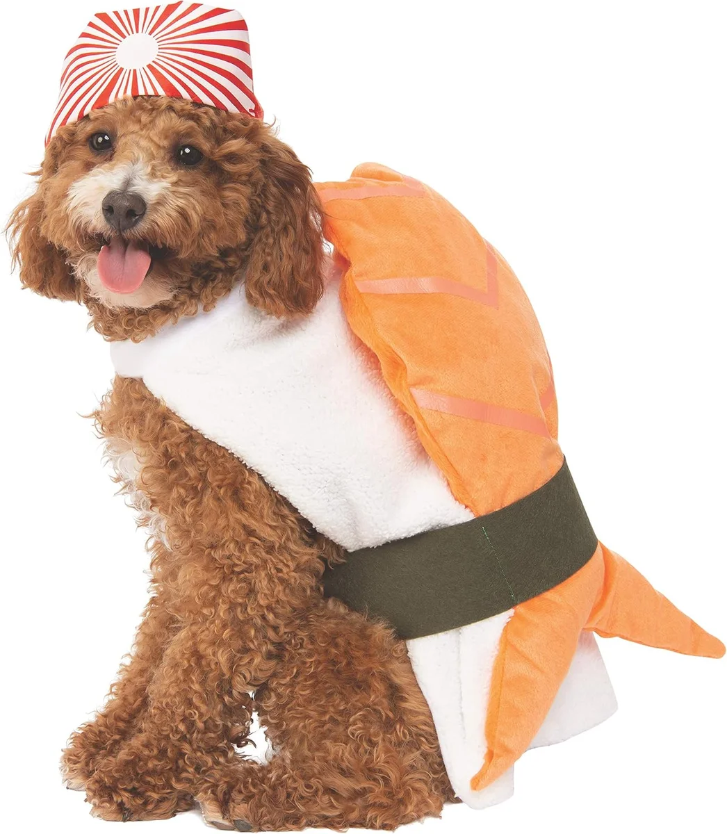 Novelty sushi roll pet costume with rice-like texture details