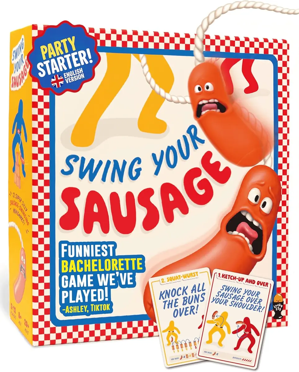 Novelty ring-toss party game with sausage-shaped target