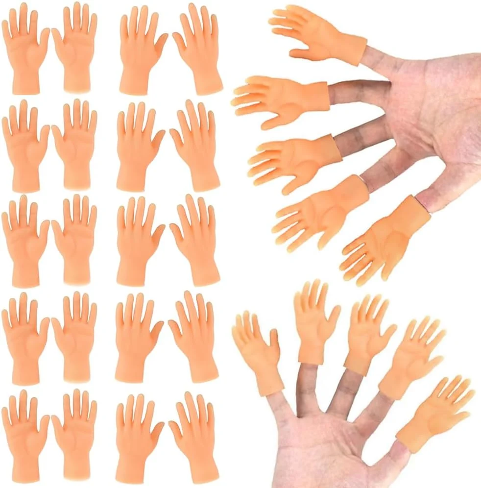 Pack of 30 tiny rubber finger puppet hands in assorted colors