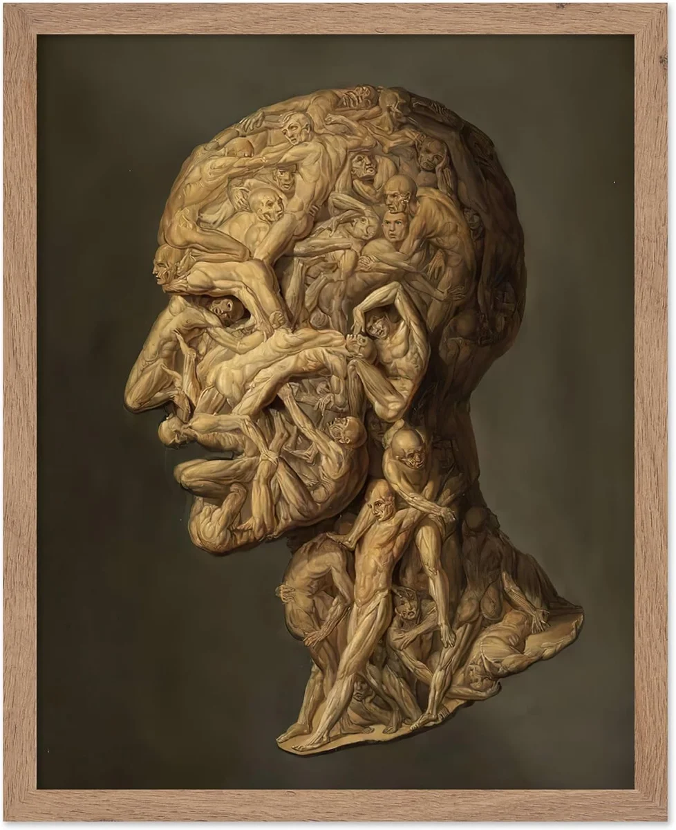 Surrealist poster of anatomical human figures writhing inside a giant head